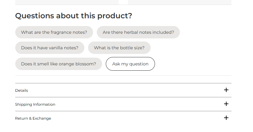 AI Product Advisor interface showing suggested product questions and product information sections