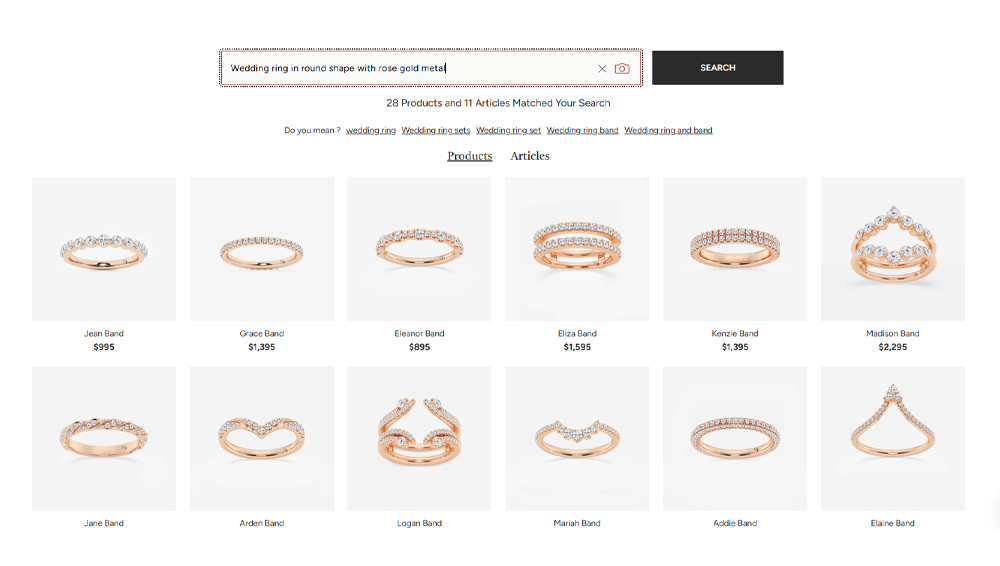 AI Search and Discovery results showing rose-gold wedding bands matched to a natural-language search