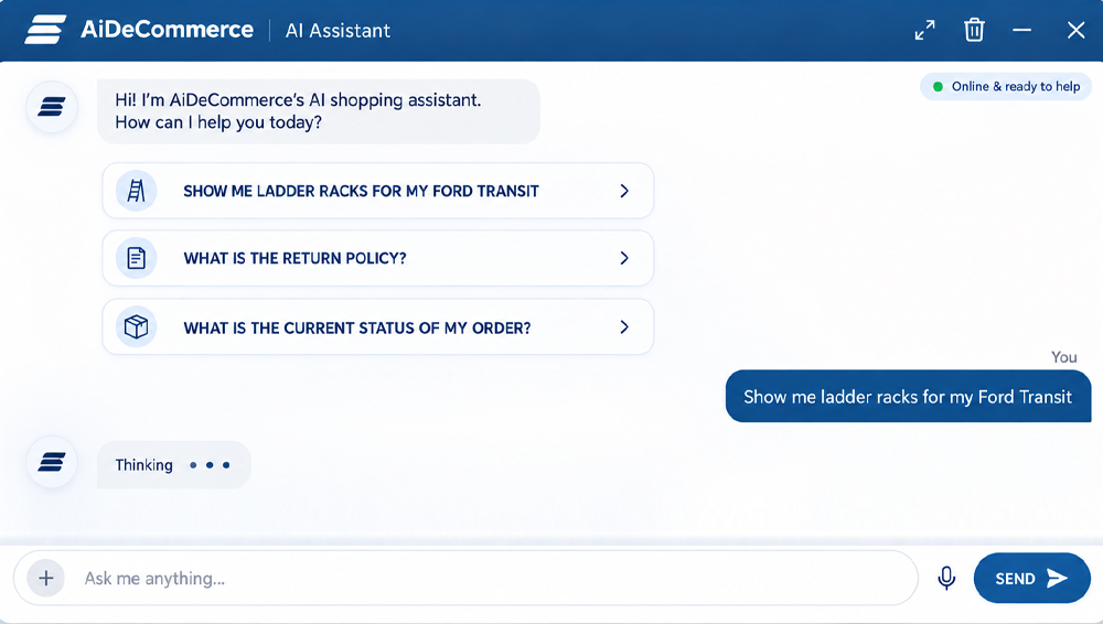 AI Shopping Assistant conversation showing a product request and a recommended vehicle ladder rack