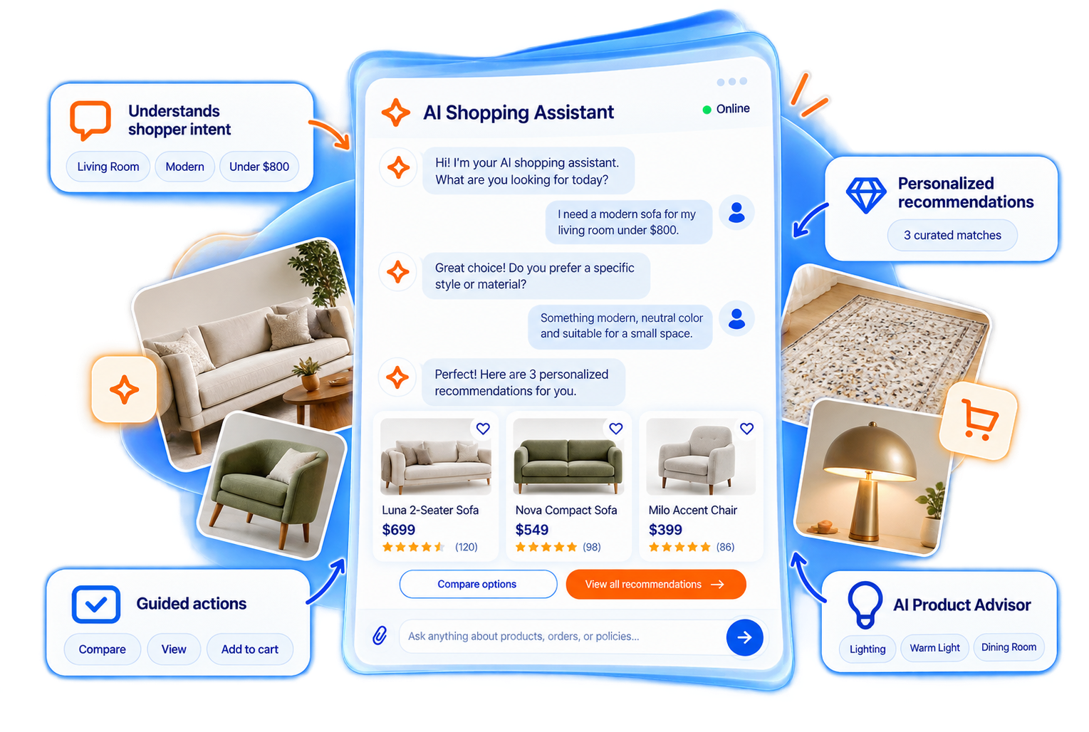 AI Shopping Assistant conversation guiding a shopper to an anniversary gift under $1,500 with personalized jewelry recommendations
