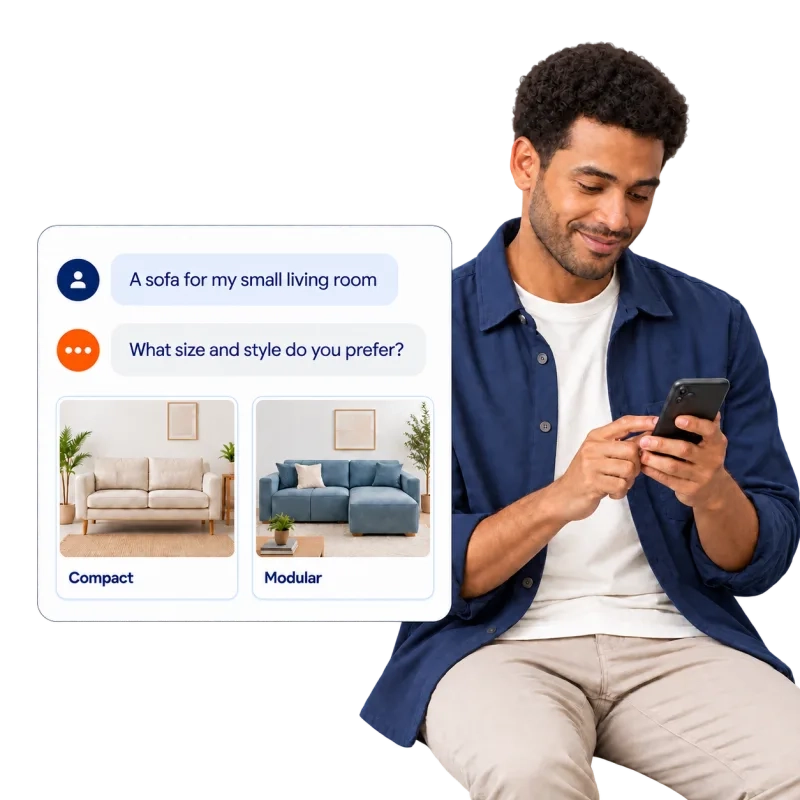 Illustrative shopper using a phone with furniture shopping assistance.