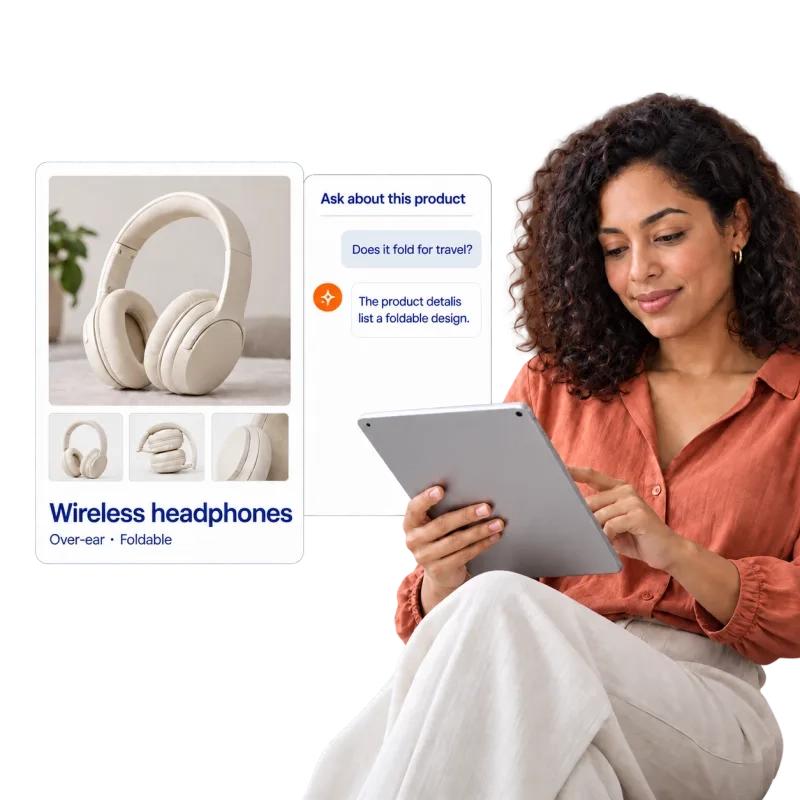 Illustrative shopper using a tablet with headphones product guidance.