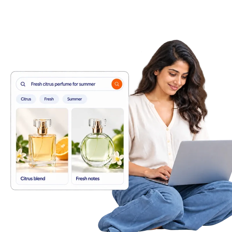 Illustrative shopper using a laptop with fragrance search results.